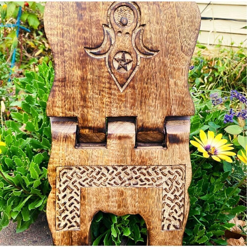 Book of shadows diary record alter tabletop holder stand handcarved
